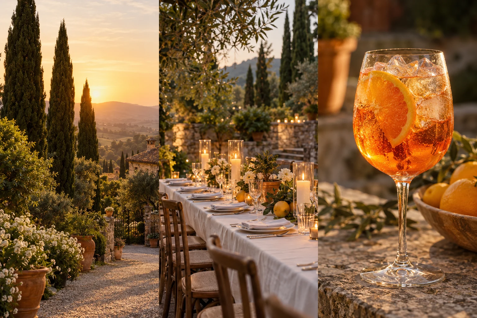 Inspiration estivale : jardin de cyprès, table de fête en plein air et cocktail à l’orange