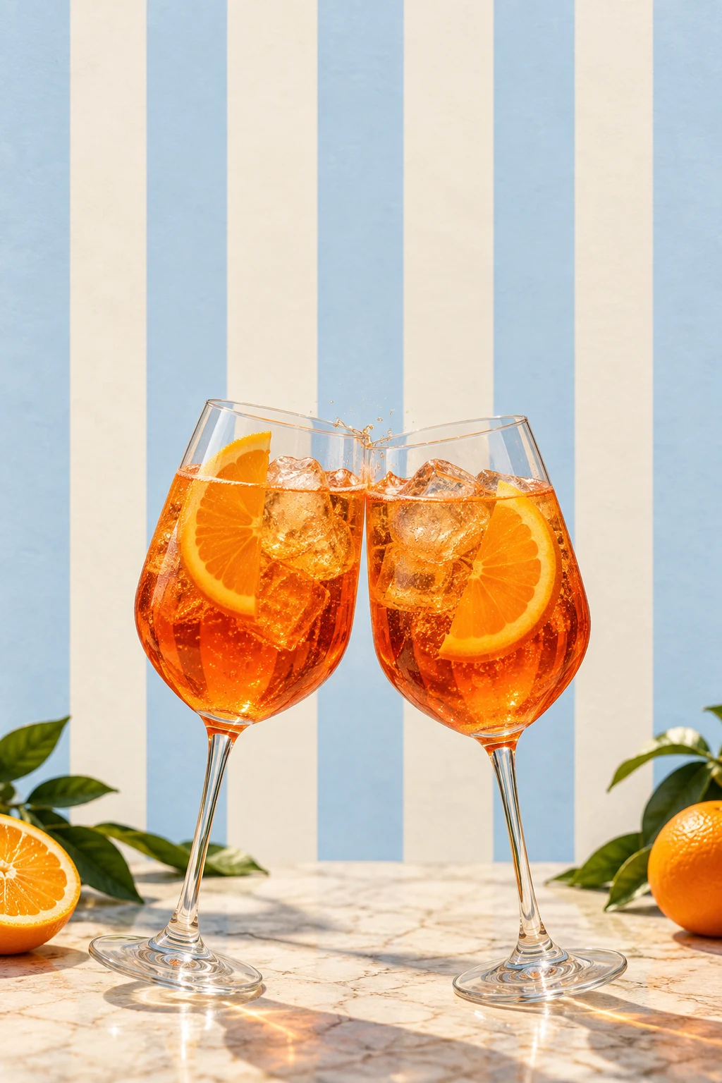 Deux verres de spritz aux oranges, sur un fond rayé bleu ciel et crème